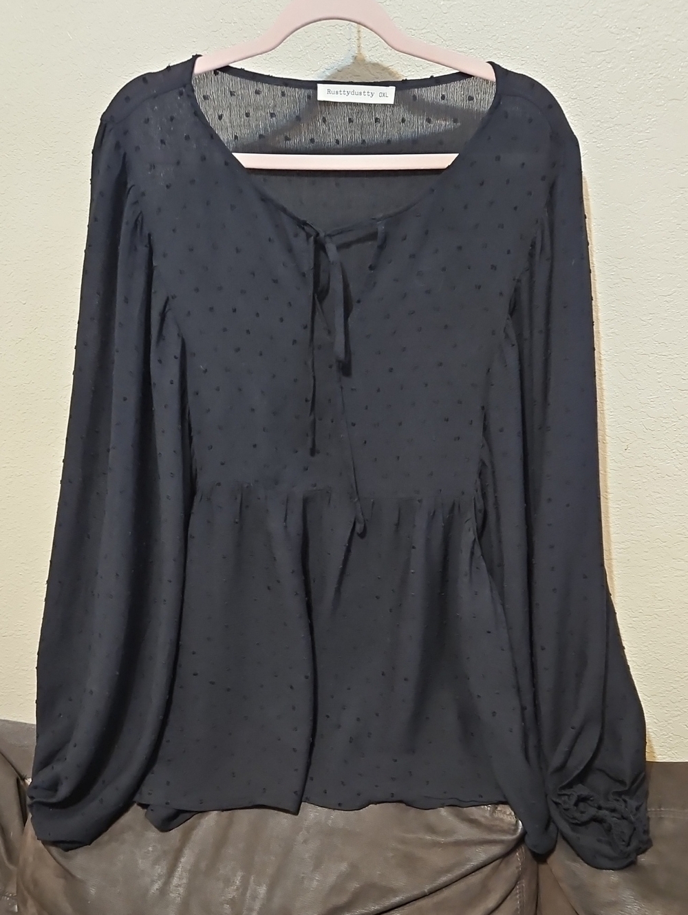RustyDusty Black Long-Sleeve Tie-Neck Peplum Blouse